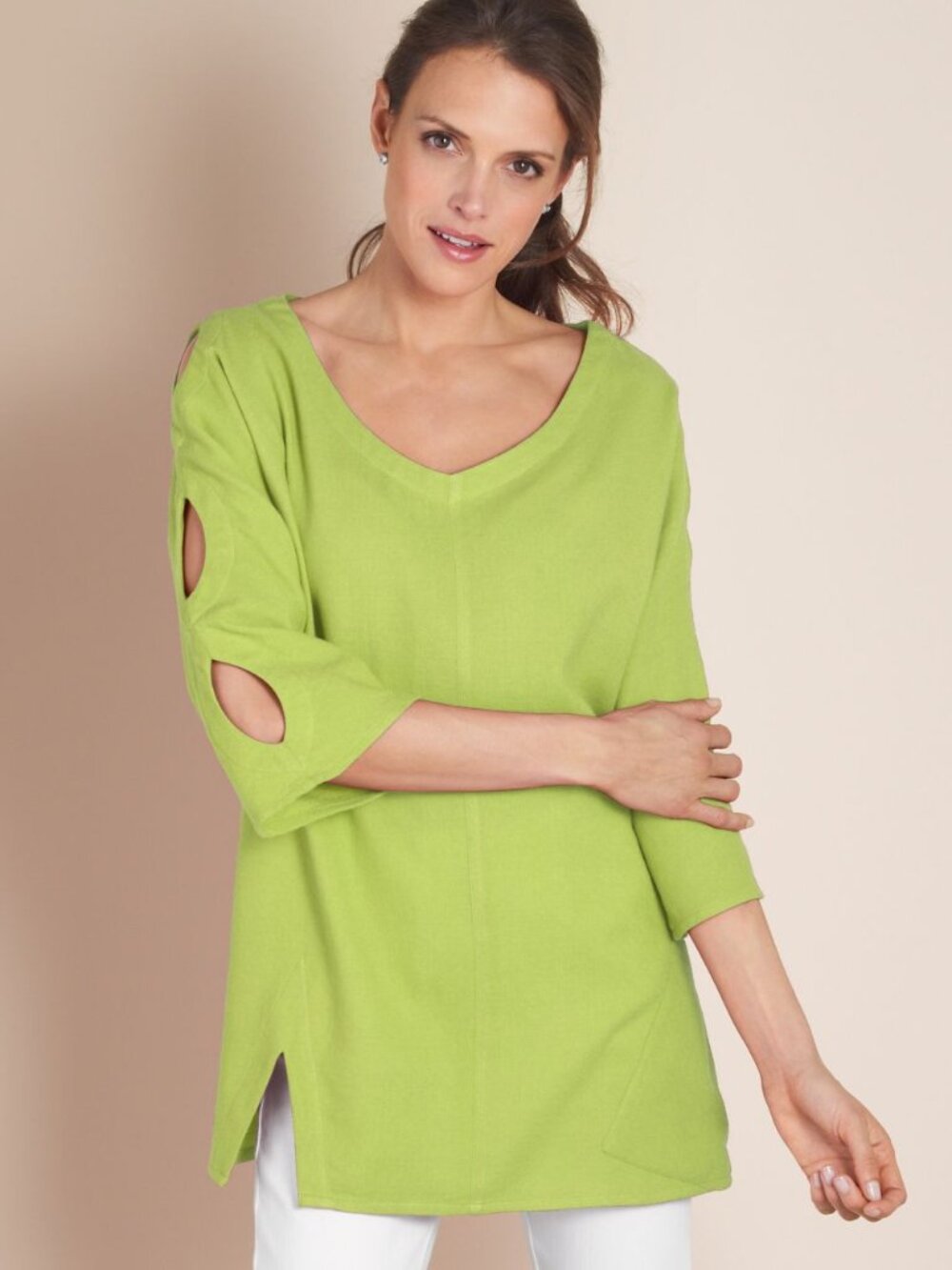 Soft Surroundings lime green cotton sleeve cutouts Gabby v-neck tunic top